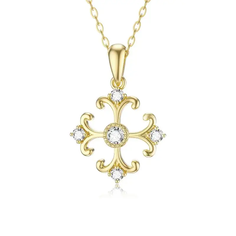 14K Gold Circular Shaped Cubic Zirconia Cross Pendant Necklace