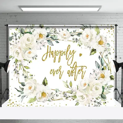 White Floral Happily Ever After Wedding Backdrop - Aperturee