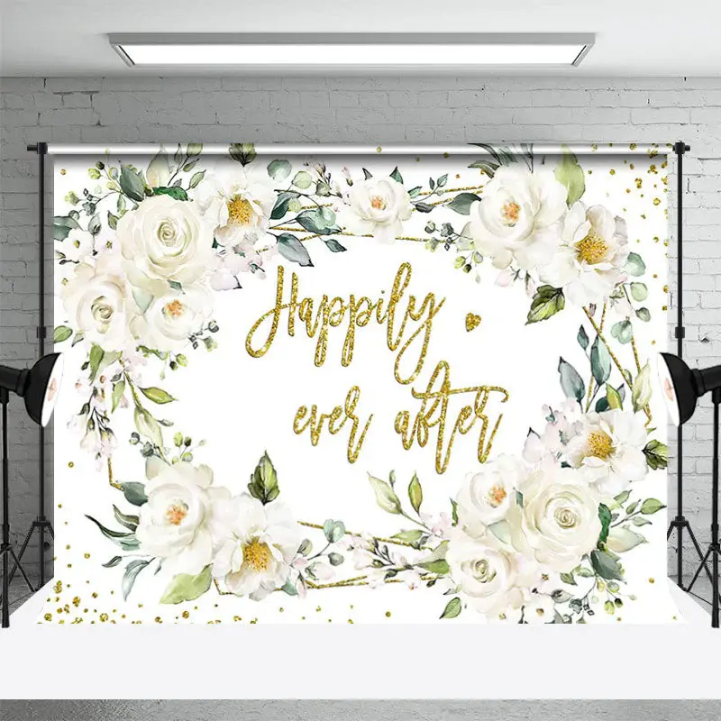 White Floral Happily Ever After Wedding Backdrop - Aperturee