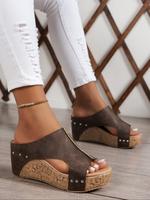 Women's Fashionable Plain Color Wedge Sandals, Elegant Sandal, Elevated Sandals, Casual Comfortable Peep Toe Brown Sandals fo...