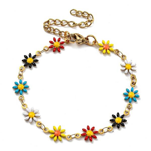 Ion Plating(IP) Golden 304 Stainless Steel Flower Link Chain Bracelets with Enamel