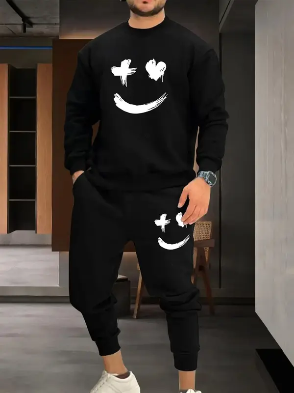 Men's Expression Graphic Two-Piece Set, Stylish Regular Fit Drop Shoulder Pullover & Elastic Waist Sweatpants Set, Men's Out...