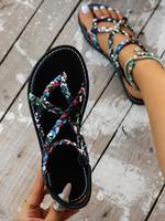 Women's Fashionable Ditsy Floral Pattern Boho Style Sandals, Casual Comfortable Flat Beach Sandals for Summer, Slingback Sand...