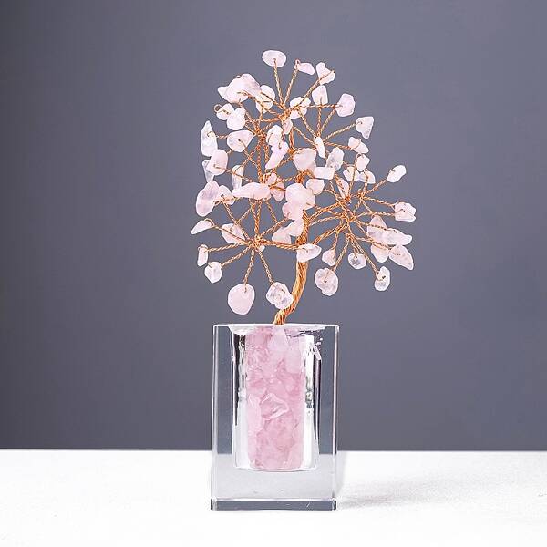 Natural Rose Quartz Chips Money Tree Display Decorations