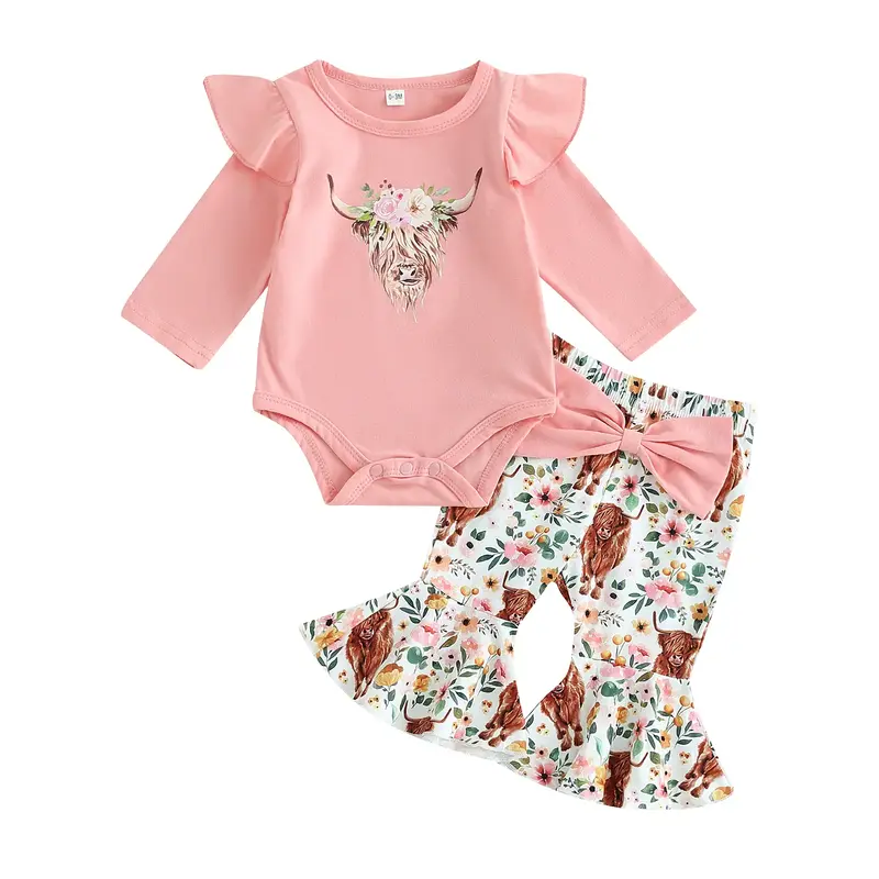 Newborn Baby Girl Bell Bottom Outfit Ruffle Romper Cute Bow Flare Pants Set Headband Cute Clothes