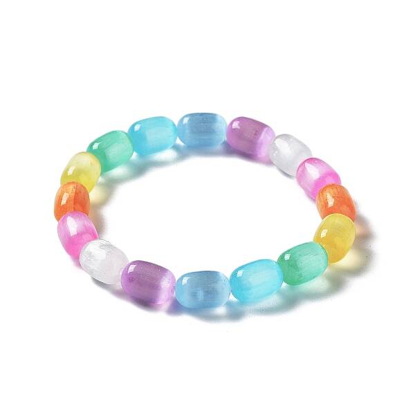 Dyed Natural Selenite Column Beaded Stretch Bracelet for Women