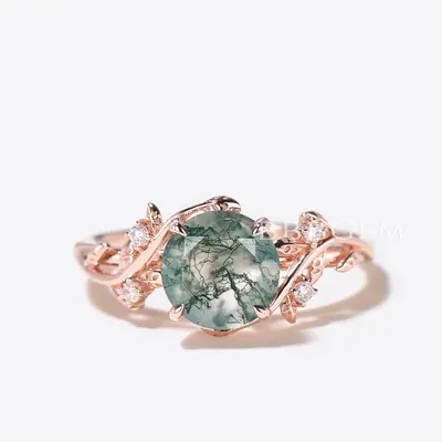 Twig Leaf Moss Agate Engagement Ring Diamond Nature Inspired Wedding Ring