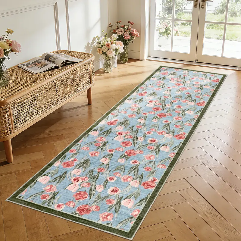 Garvee Soft Non-Slip Washable Runner Rug – Floral Tulip Print Area Carpet – Low Pile, Spot Resistant, Collapsible, Thin M...