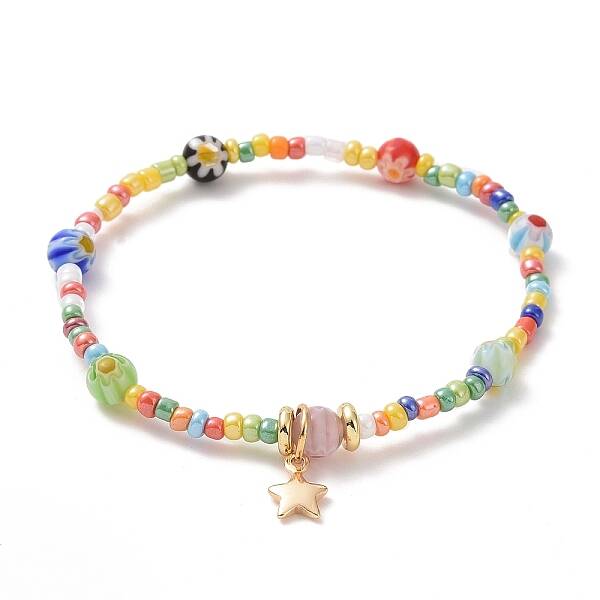 Seed & Millefiori Glass Beaded Stretch Bracelet with Brass Star Charms for Women