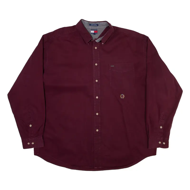 TOMMY HILFIGER Mens Plain Shirt Maroon Long Sleeve XL