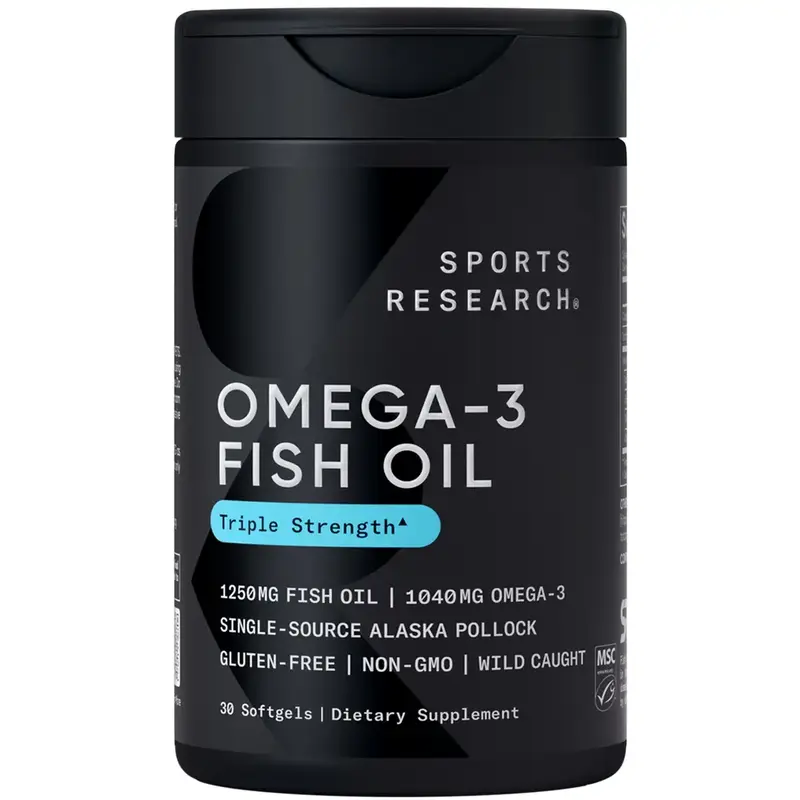 Sports Research Triple Strength Omega 3 Fish Oil 1250mg Wild Alaska Pollock Burpless Supplement with EPA & DHA 30 Softgels No...