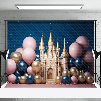 Star Night Balloons Gold Castle Cake Smash Backdrop - Aperturee