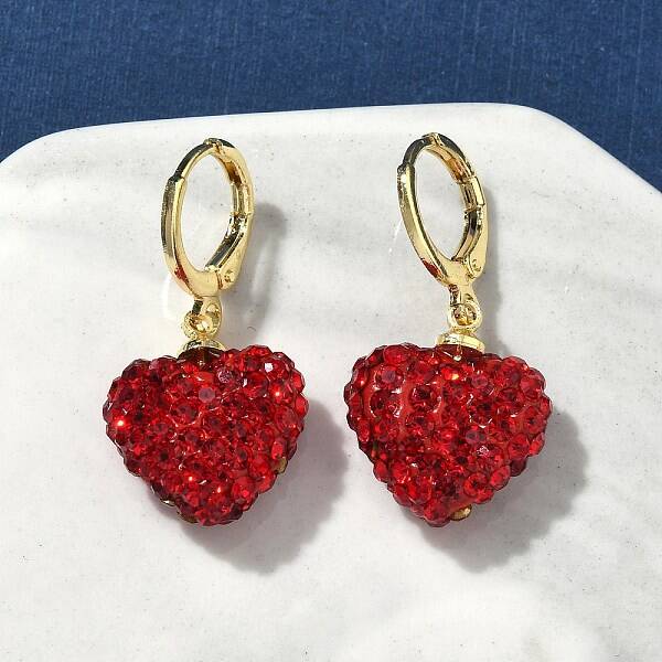 Heart Brass Rhinestone Leverback Earrings