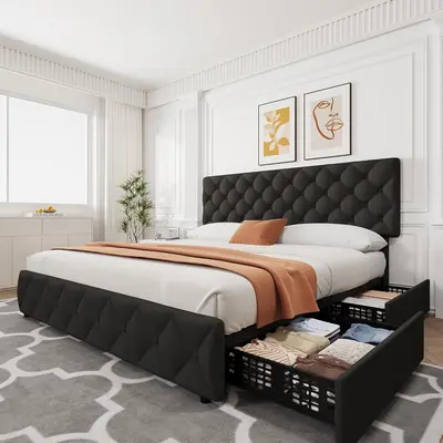 Garvee King Size Bed Frame with 4 Storage Drawers, Linen Upholstered Platform Bed Frame with Adjustable Headboard, Diamond St...