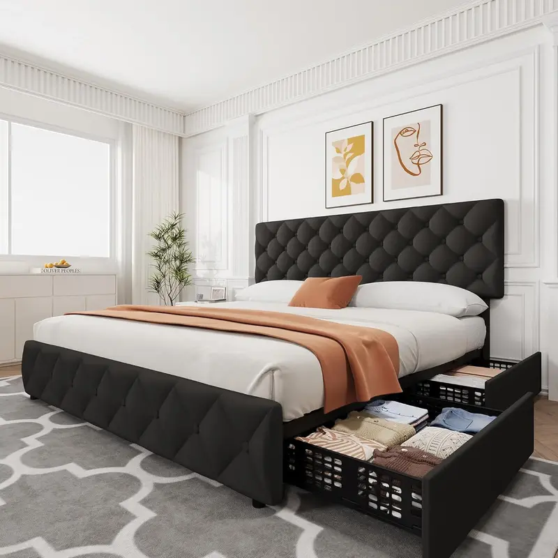 Garvee King Size Bed Frame with 4 Storage Drawers, Linen Upholstered Platform Bed Frame with Adjustable Headboard, Diamond St...