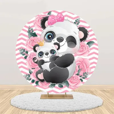 Pink White Rose Panda Round Baby Shower Backdrop - Aperturee