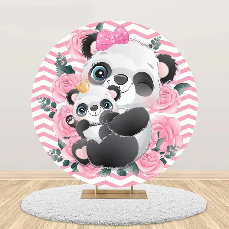 Pink White Rose Panda Round Baby Shower Backdrop - Aperturee