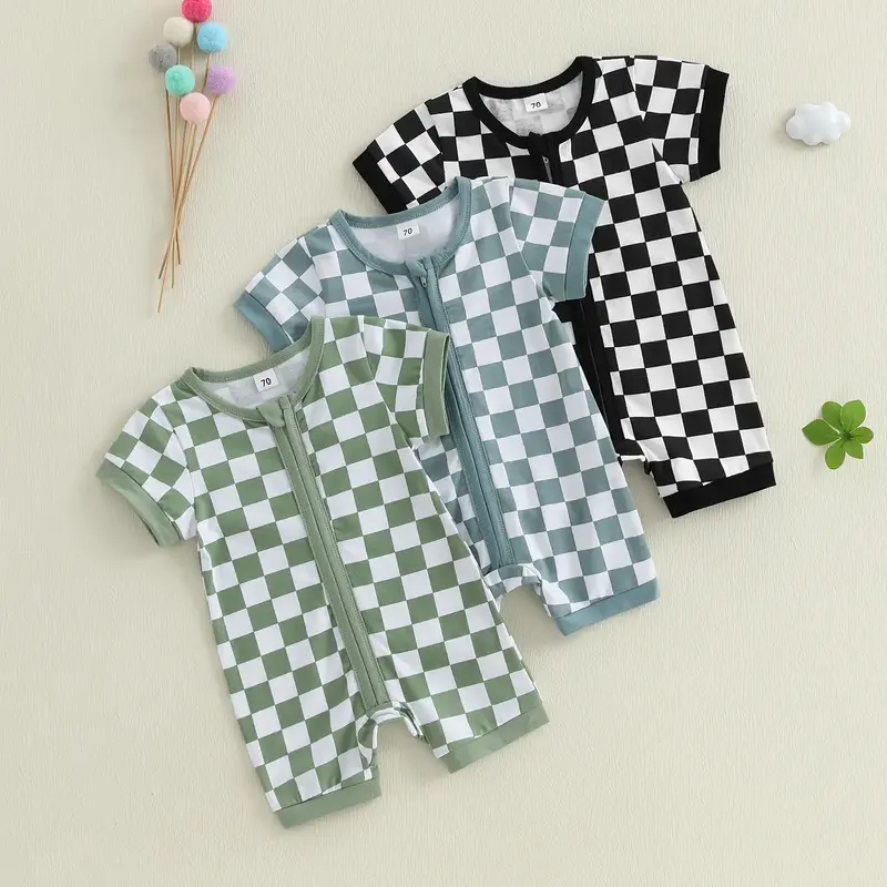 REDWOON Newborn Baby Boy Girl Clothes Checkered Zipper Short Sleeve Romper Jumpsuit  Bodysuit Infant Summer Outfit