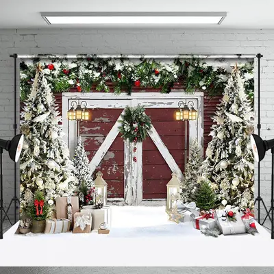Aperturee Snow Pine Leaves Wreath Barn Door Tree Xmas Backdrop