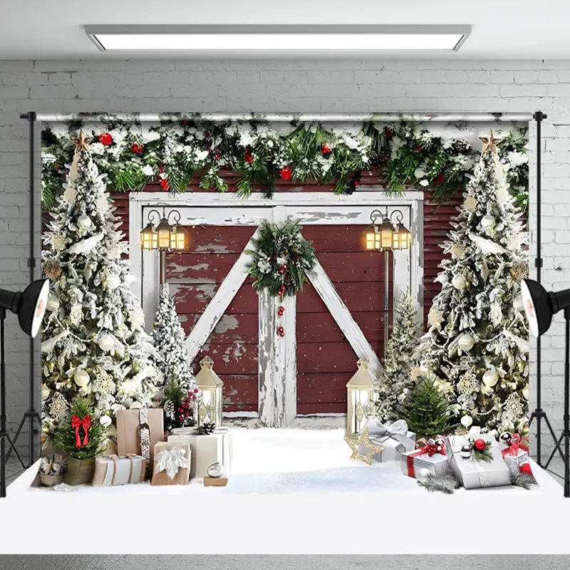Aperturee Snow Pine Leaves Wreath Barn Door Tree Xmas Backdrop