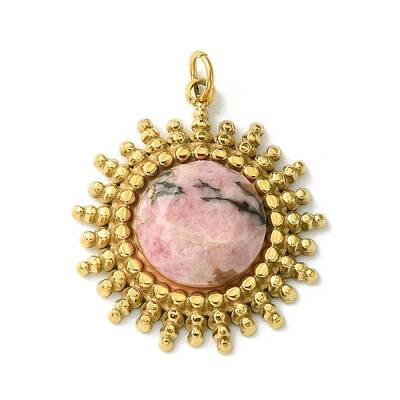 Ion Plating(IP) 304 Stainless Steel Pave Faceted Natural Rhodonite Pendants
