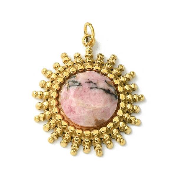 Ion Plating(IP) 304 Stainless Steel Pave Faceted Natural Rhodonite Pendants