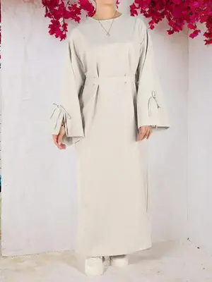 Women's Solid Belted Long Sleeve Muslim Dress, Casual Elegant Modesty Round Neck Dress for Daily Wear, Ladies Abaya Islamic C...