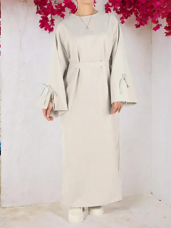 Women's Solid Belted Long Sleeve Muslim Dress, Casual Elegant Modesty Round Neck Dress for Daily Wear, Ladies Abaya Islamic C...