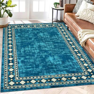 Garvee Bordered Blue-Green 9x12 Modern Washable Rug, Sapphire Geometric Low-Pile Non-Slip Minimalist Carpet for Living Room B...