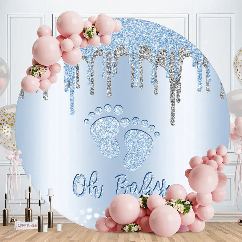 Aperturee Blue Sliver Glitter Round Baby Shower Backdrop