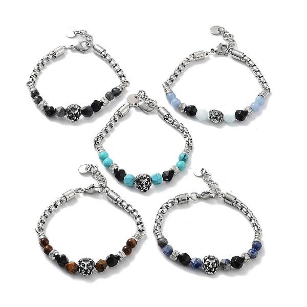 Lion Head Natural & Synthetic Mixed Gemstone Beaded Bracelets with 201 Stainless Steel Lobster Claw Clasps