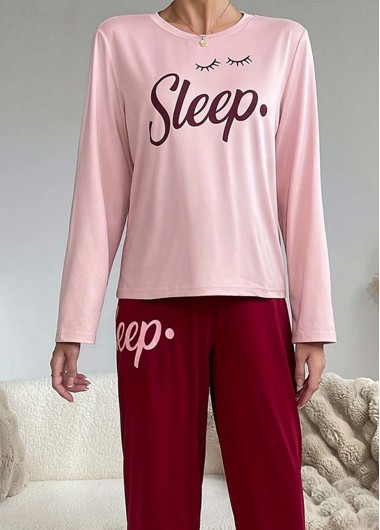 Modlily Pink Letter Print Long Sleeve Lounge Top and Pants - XL