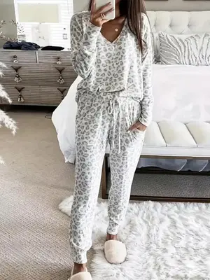 Two-piece Set Women's Leopard Print Drop Shoulder Top & Drawstring Pants Pyjama Set, Casual Comfortable Long Sleeve V Neck To...