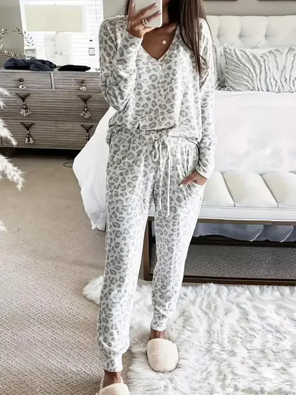 Two-piece Set Women's Leopard Print Drop Shoulder Top & Drawstring Pants Pyjama Set, Casual Comfortable Long Sleeve V Neck To...