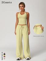 Women's Solid Crop Tank Top & Wide Leg Pants Set, Casual V Neck Sleeveless Top & Trousers for Daily Outdoor Wear, Ladies Spor...