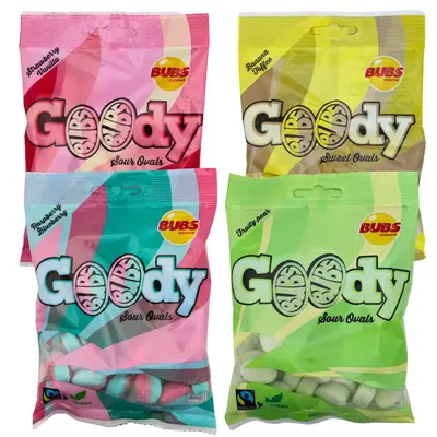 Bubs Swedish Candy Goody 4 Pack - 90g Bags - Strawberry Vanilla, Blueberry Raspberry, Banana Toffee, Fruity Pear,Sweet and So...