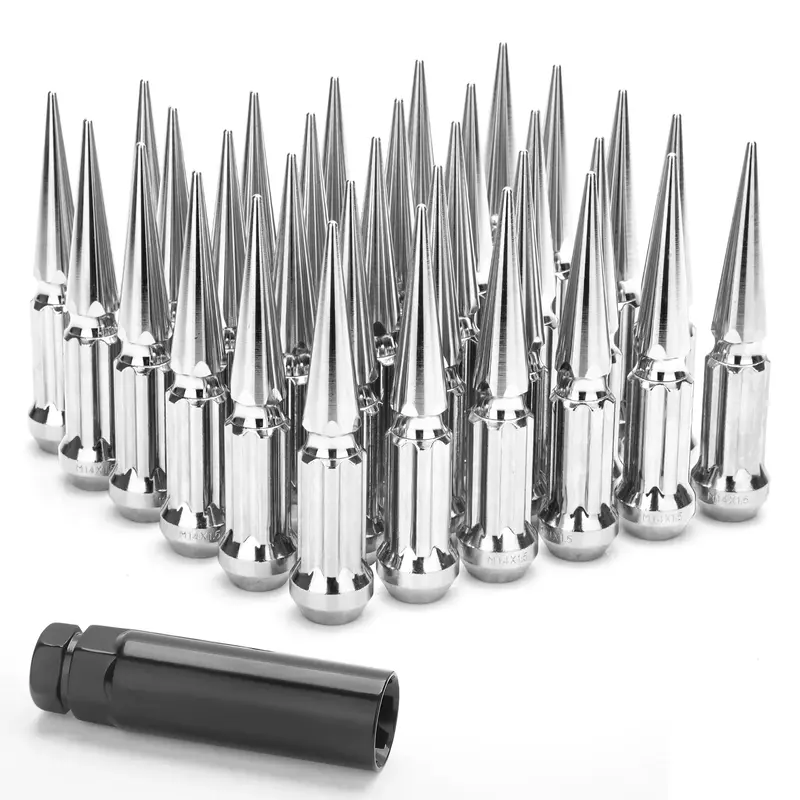 4.7 Length m14x1.5 spike lug nuts heavy duty trucks  Chevy Ford GMC Dodge 32pcs - KSP Performance, Silver