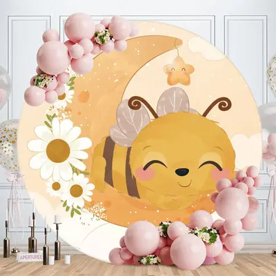 Aperturee Moon And Bee Round Floral Baby Shower Backdorp
