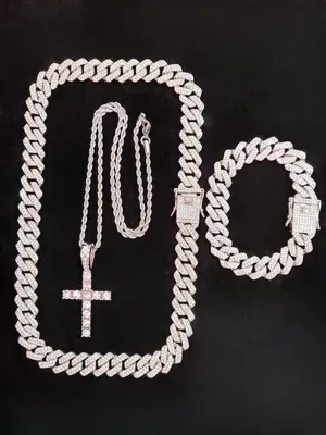 Rhinestone Cross Pendant Chunky Chain Necklace & Bracelet for Women & Men (3counts), Fashion Jewelry for Party, Daily Clothin...