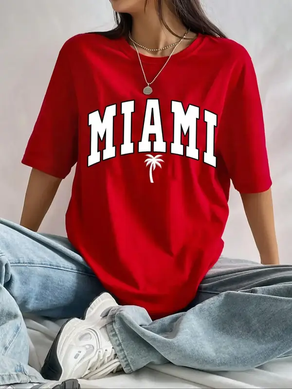 Women's Letter Print Drop Shoulder Tee, Summer Clothes Women, Casual Half Sleeve Round Neck T-Shirt for Summer, Women's Top ...