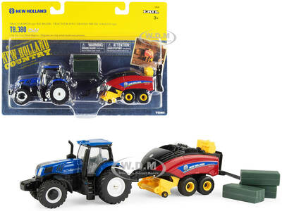 New Holland T8.380 Genesis Tractor Blue with New Holland Big Baler 330 Red and 3 Bales Set of 3 pieces 1/64 Diecast Models by...