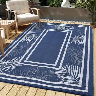 Garvee Outdoor Dark Blue 8x10 Area Rug, Patio Mat Waterproof Non-Slip Fade-Resistant Plastic Easy-Clean Durable Outdoor Campi...
