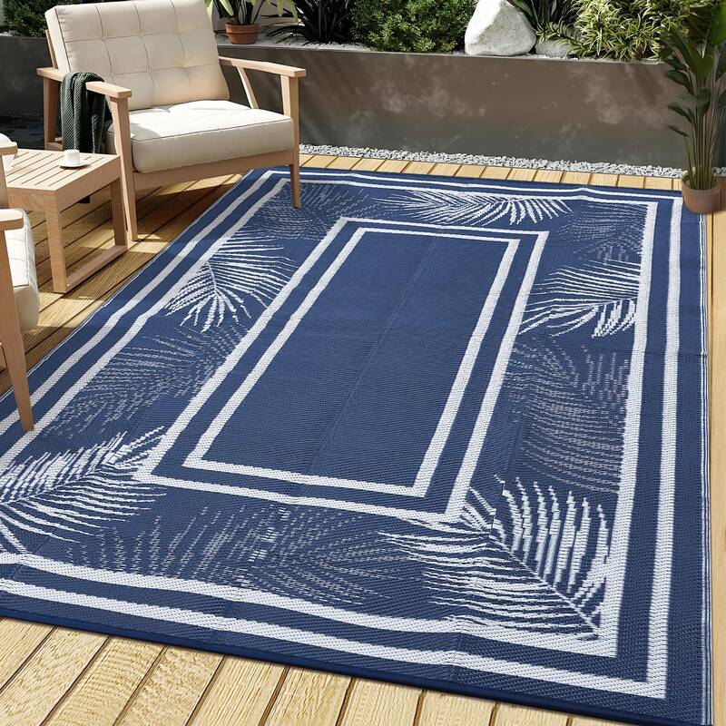 Garvee Outdoor Dark Blue 8x10 Area Rug, Patio Mat Waterproof Non-Slip Fade-Resistant Plastic Easy-Clean Durable Outdoor Campi...