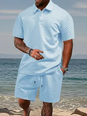 Trendy Men’s Solid - Color Two - Piece Casual Polo Shirt & Drawstring - Waist Shorts Set! Casual Collared Top & Athletic - ...