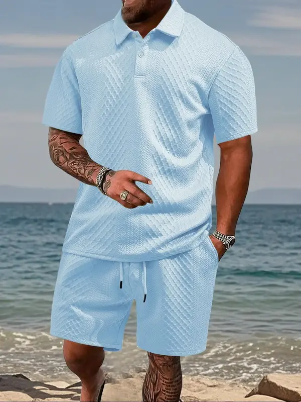 Trendy Men’s Solid - Color Two - Piece Casual Polo Shirt & Drawstring - Waist Shorts Set! Casual Collared Top & Athletic - ...