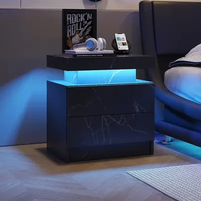 Starry Home Nightstand Bedside Table Cabinet Lights Modern End Side with 2 Drawers for Bedroom