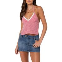 Women Girls Terry Trim V-Neck Halterneck Top Sleeveless Open Back Gingham Tops Strappy Y2K Shirts Streetwear