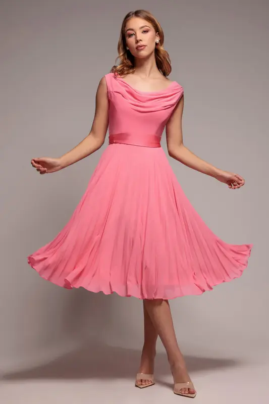 Goddiva Cowl Neck Pleated A-Line Chiffon Midi Dress - Coral
