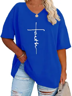 ćPlus Sizeć Letter Print Drop Shoulder Tee, Casual Half Sleeve V Neck T-shirt for Summer, Women's Plus Clothing for Daily...