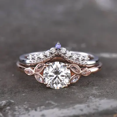Custom Art Deco Moissanite Engagement Ring Sets Rose Gold Marquise Topaz